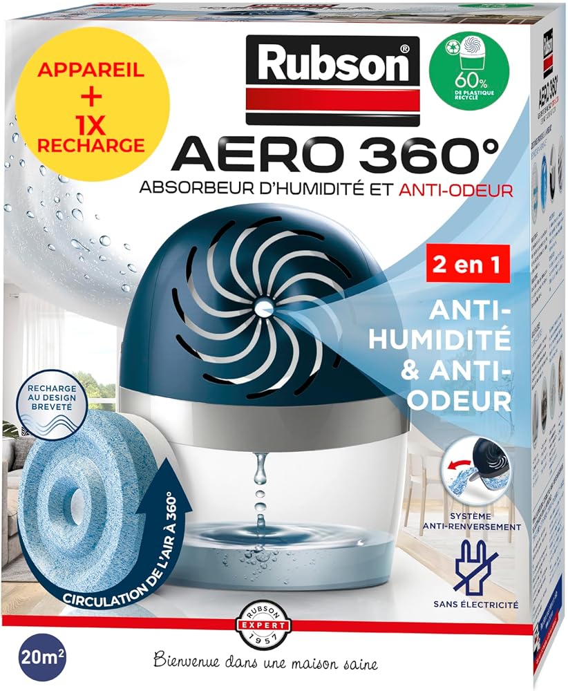 Absorbeur d’humidité Rubson AERO 360° pour pièce de 20 m² avec recharge 450 g